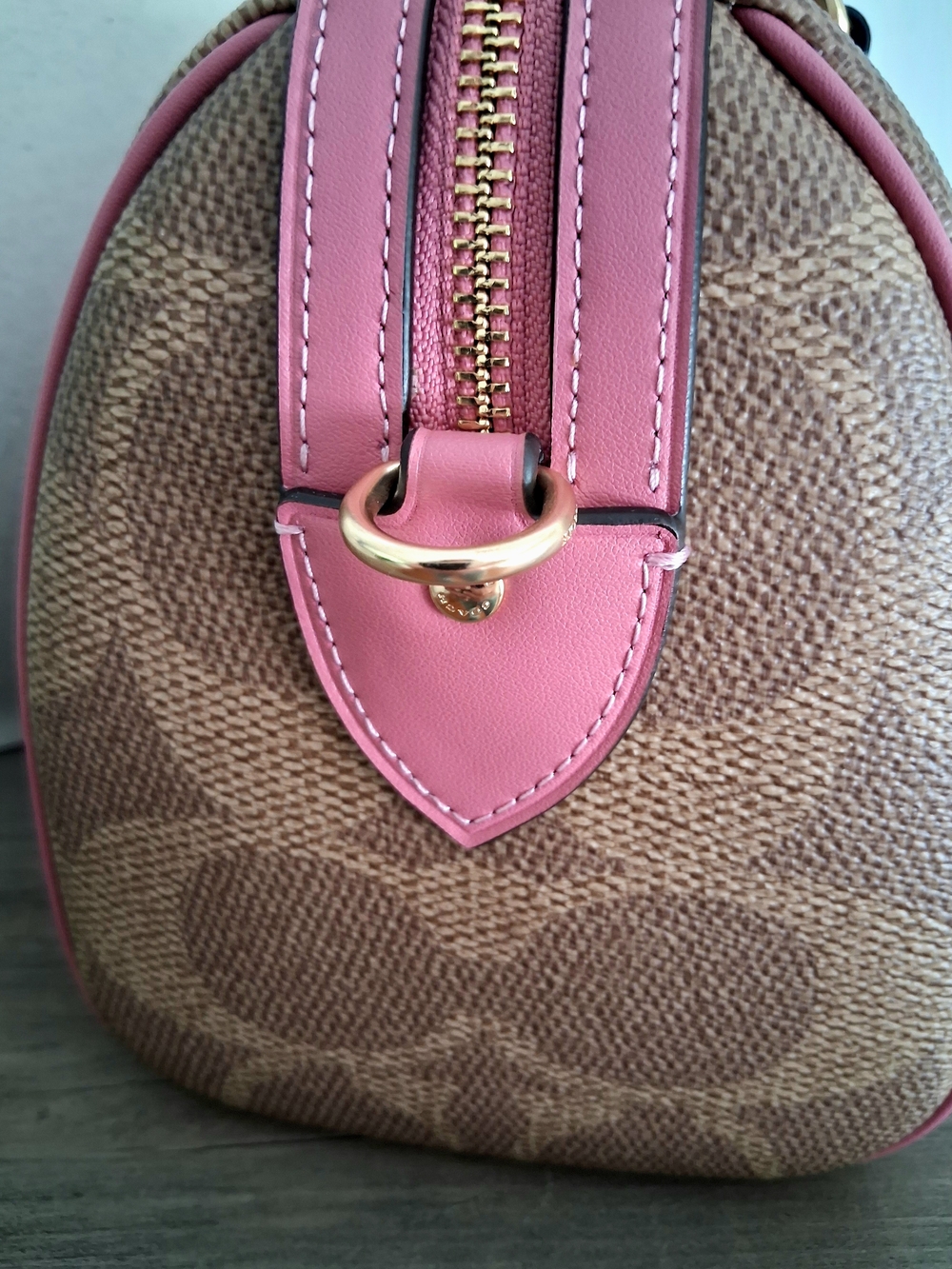 NWT Authentic Coach Rowan Brown Signature Satchel with Pink & Wine Stripe Accent - Picture 7 of 12